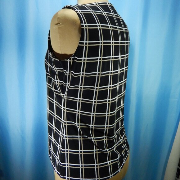 Calvin Klein Taupe & White on Black Scoop Neck Sleeveless Career Top Size Lg EUC - Picture 3 of 12